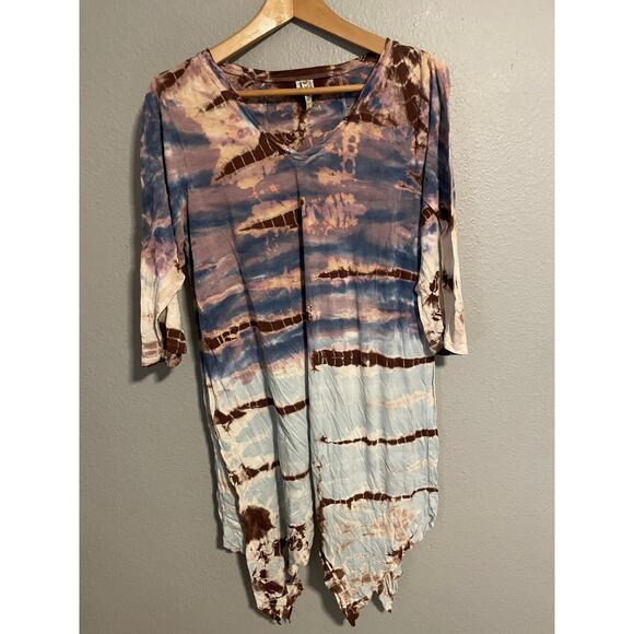 XCVI Tunic Shirt Womens XL Blue Brown Tie Dye Boho Asymmetric Hem Rayon Top - Picture 1 of 8